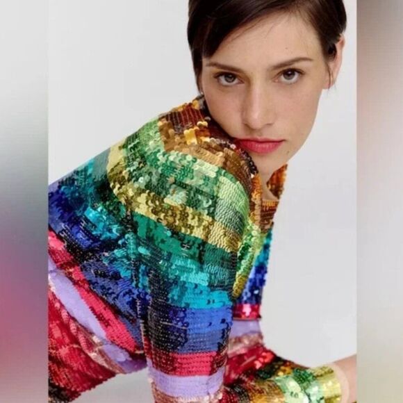 Mac Duggal 93724 Size 12 Rainbow Sequin Multicolor Striped Long Sleeve Dress NWT - Picture 5 of 5